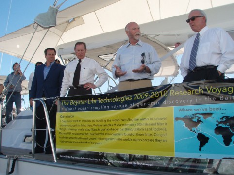 San Diego Mayor Jerry Sanders (right), J. Robert Beyster, Greg Lucier (left) and other representatives from the Beyster Family Foundation, San Diego Foundation and Life Technologies joined local collaborators, JCVI staff and friends to bid bon voyage to expedition leader J. Craig Venter, Ph.D., and his crew of five sailors and scientists.