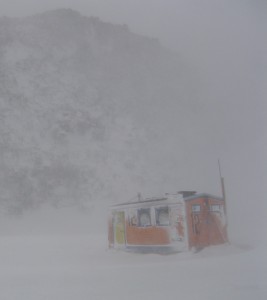 The storm hits our warming hut