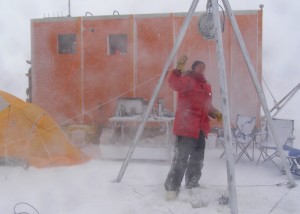 Abigail adjusts the rope on the Niskin Bottle winch as the storm develops