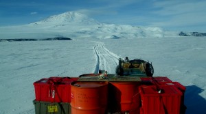 Leaving tracks across the snow as we leave the sea ice road (Photo: AN)