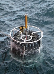 CTD Rosette being deployed at the base of the Mertz Glacier to collect a sample from 1320m deep