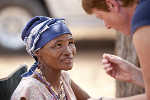 Vanessa and a Bushman lady from the Southern African Kalahari desert in deep discussions about what we can read in the blood (aka genomics). This lady is one of only a few click-speaking hunter-gatherer peoples left who represent an ancient line for all modern humans.