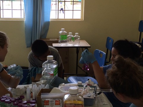 UABC and JCVI teams showing local elementary student how to do titrations while testing water quality in Baja MX.