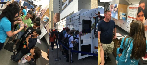 Drishti Kaul and Aubrie O’Rourke guide festival attendees through JCVI’s Mobile Laboratory.